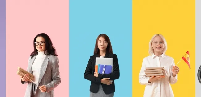 Futuros docentes de lengua castellana colaborando en una sesión virtual o híbrida de la Licenciatura, usando tecnología para el aprendizaje.